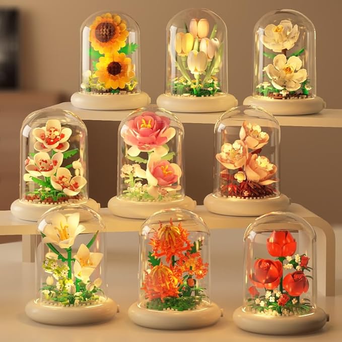Creative Botanical Micro Blocks with Light Set - 550PCS Artificial Chrysanthemum, Peony and Hibiscus, Perfect DIY Gift for Adults, Teens and Flower Lovers