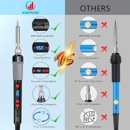 Soldering Iron Kit, 80W Electric Solder iron, Adjustable Temperature (180°C- 500°C）, With Multimeter, Magnifier Welding Helping Hand, Heat shrink tubing, Solder Wire, Desoldering pump.