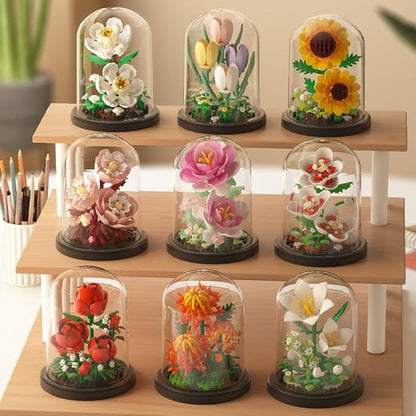Creative Botanical Micro Blocks Set with Display Cover- 550PCS Artificial Chrysanthemum, Peony and Hibiscus, Perfect DIY Gift for Adults, Teens and Flower Lovers