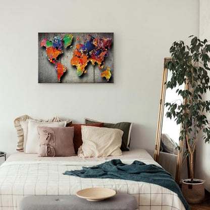 artgeist Canvas Wall Art World Map 35x24 in - 1pcs Home Decor Framed Stretched Picture Photo Painting Artwork Image - Map Worldmap Continents Grey Colorful k-A-0507-b-a