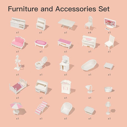 ROBUD Wooden Dollhouse for Kids Girls, Toy Gift for 3 4 5 6 Years Old, with Furniture