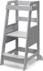 TOETOL Bamboo Toddler Step Stool Grey Learning Standing Helper Tower for Toddlers Kitchen Stools Counter 3 Height Adjustable Helper with Non-Slip Mat