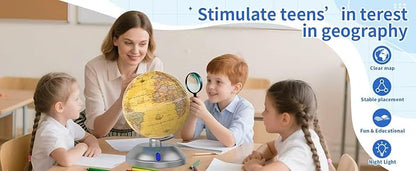 360° rotating globe, independently supported by a beautiful silver plastic base with a switch, 9-inch design, built-in LED night light, color high-definition visual map details, children's geography education, study and office decoration, living room d...