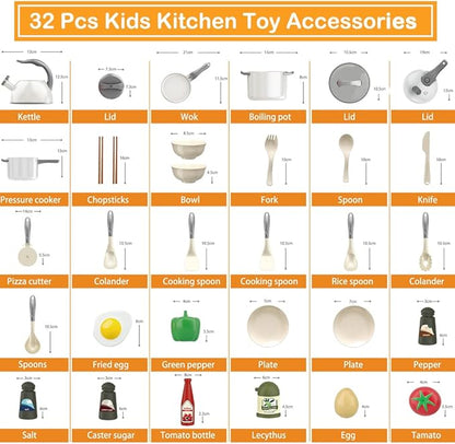 Bruvoalon 32Pcs Kids Play Kitchen Toys Set, Toddlers Pretend Cooking Playset Acccessories with Pots Pans, Utensils Cookware, Foods, Canned Veges, Learning Gift for Kids Girls Boys (White)