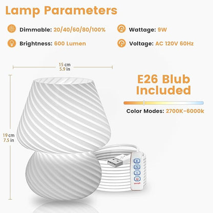 USB Plug-in Mushroom Lamp Small Bedside Table Lamp with 3 Temperature LED Bulb,Free Dimming Nights Light for Bedroom/Living Room/Entryway/Corner Decor (Stripe White)