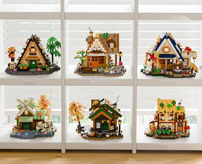 Countryside Mini Wood Cabin Micro Building Set with LED Light Wooden Forest House Block Toy with Tree Log Stem Houses Construction Model for Adults Teens Birthday Gift