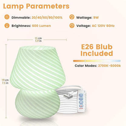 USB Plug-in Mushroom Lamp Small Bedside Table Lamp with 3 Temperature LED Bulb,Free Dimming Nights Light for Bedroom/Living Room/Entryway/Corner Decor (Stripe Green)