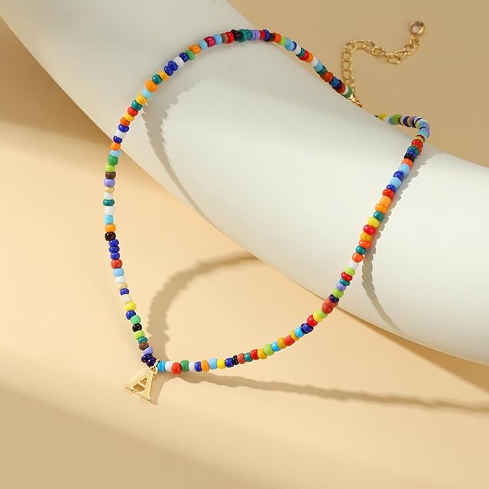 Yoosteel Colorful Beaded Initial Necklaces for Girls Gifts - Cute Initial Necklaces for Girls Kids Jewelry A-Z Letter Choker Necklace for Women Birthday Gifts for Teens Daughter Niece Granddaughter