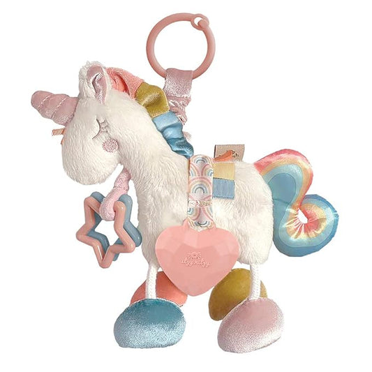Itzy Ritzy Link & Love Toy for Stroller or Car Seat; Features Textured Ribbons, Crinkle Sounds, Clinking Rings & Silicone Teether; Designed For Ages 0 Months and Up (Unicorn)