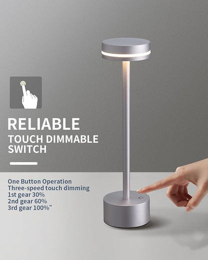 PUSU Portable Table Lamp Battery Powered LED Lamp Cordless Table Lights 3-Level Brightness Touch Control, for Home Office Bedroom Hotel Room Restaurant Outdoor(Silver)