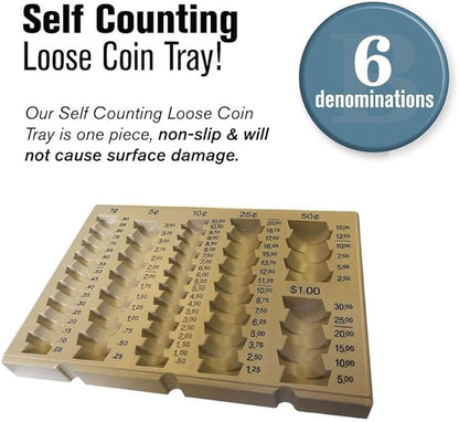 BankSupplies Self-Counting Loose Coin Tray | Nude/White | Coin Holder & Organizer | Holds 6 Change Denominations | Non-Slip | Pennies, Nickels, Dimes, Quarters, Halves & SBA Dollars