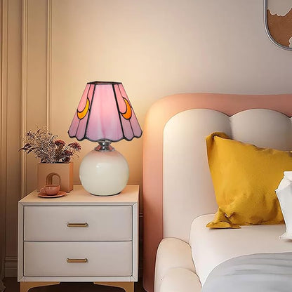 Mushroom Lamp Tiffany Stained Glass Moon lamp Cute Small Bedside Table Lamps for Living Room Home Decor,Girls Women Birthday Christmas Thanksgiving Day Gift,Pink