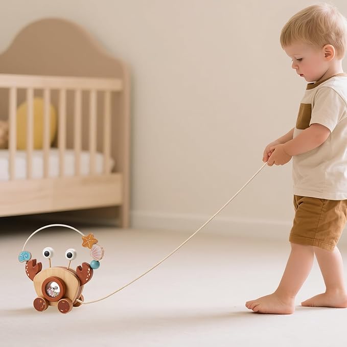 Pull Along Walking Toys. Wooden Crab Push and Pull Toy with Bead Maze, Wire Roller Coaster. Montessori Early Development Toy for Babies and Toddlers