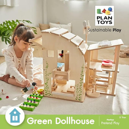 PlanToys Green Wooden Dollhouse with Furniture - Chemical-Free Green Toy Featuring 18 Wooden Furtniture Set