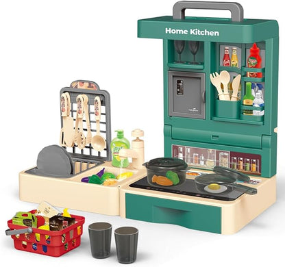 Pretend Play Kitchen Toy Set Folding Role Play Toy with 45pcs Realistic Food Fruits Vegetables Pans Cooking Utensils Basket Sink etc Portable Educational Indoor Outdoor Toys for Kids Ages 3