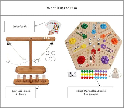 Wooden Wahoo Marble Board Game (20 INCH), Double-Sided, for 2-6 Players, with 24 Marbles and 6 dice. Also Includes Ring Toss, Wooden Hook and Ring Gameand Premium Playing Cards.