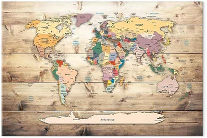 artgeist Acoustic Canvas Wall Art Print World Map 35x24 in - 1pcs Picture with Acoustic Foam Sound Print Artwork Room Acoustics Soundproofing World Travel Map Wood k-B-0009-b-b