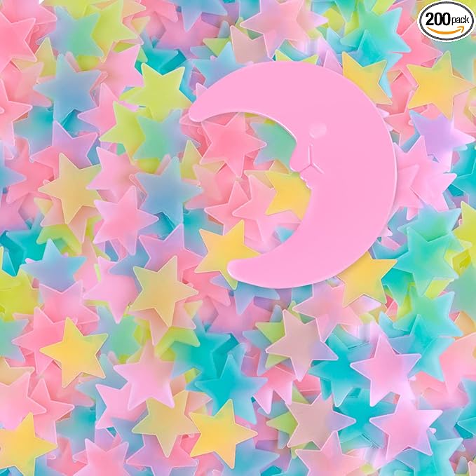 200 Pcs Glow in The Dark Luminous Colorful Stars and Pink Moon Fluorescent Noctilucent Plastic Wall Stickers Murals Decals for Home Art Decor Ceiling Wall Decorate Kids Babys Bedroom Room