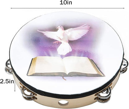 Tambourine 10 inch Dove Bible Double Row Jingle Tambourine for Adults,Handbell Clap Drum Tambourines for Pray Church Party Musical Instrument (10 inch Dove)