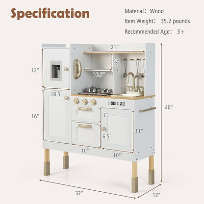 INFANS Kid Kitchen Playset, Toddler Wooden Pretend Cooking Set with Realistic Light & Sound, Stove, Sink, Microwave, Storage Cabinet, Play Kitchen Toy Set for Children Boys Girls