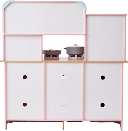 VEVOR Wooden Play Kitchen Toy, Play Kitchen for Kids with Lights and Sounds, Toddler Kitchen with Ice Maker, Oven, Sink, Microwaves, Fridge and Utensil and Fruit Accessory for Toddlers Ages 3-8, Pink