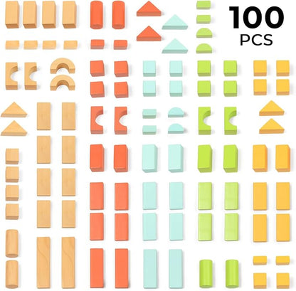 100pcs Wooden Blocks for Toddlers 1-3, Building Blocks for Toddlers 1-3, Wooden Block for Baby Shower with Storage Bucket, Montessori Toys for Preschool Girls and Boys
