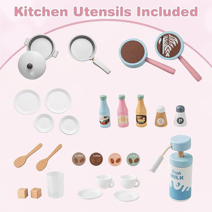INFANS Kids Kitchen Playset, Toddler Wooden Kitchen Pretend Cooking Toy Set with Coffee Maker Ice Machine Dishwasher Microwave Storage Cabinet, Simulation Play Kitchen for Boys Girls 3+ (Pink)