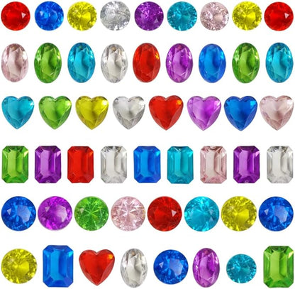 HappyFiller 82 pcs of Faux Acrylic Diamond,5 Sizes × 8 Colors Gems Treasure Gemstone Set Include Pirate Treasure Box Collection,Pool Scavenger Hunt Diving Jewels,Tabletop Decor,Party Favors