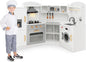 Costzon Corner Kids Kitchen Playset, Wooden Play Kitchen with Sounds & Lights, Washing Machine, Range Hood, Ice Maker, Microwave, Oven, Sink, Pretend Toy Kitchen Set for Toddler, Gift for Boys Girls