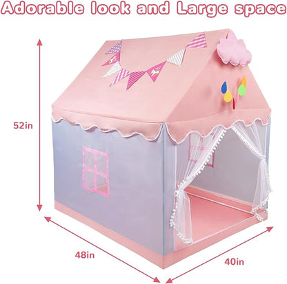 Kids Tent Play Tents for Toddler Children Indoor and Outdoor Large Pink Girls Princess Playhouse Castle with Windows Clouds and Flags Kids Room Furniture 40" L × 48" W × 52" H