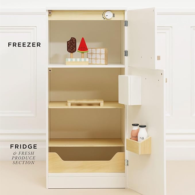 Le Toy Van – Wooden Stand Alone Fridge Freezer Set | Grand Free Standing Refrigerator & Freezer with Accessories Pretend Play Set – Suitable for 36+ Months
