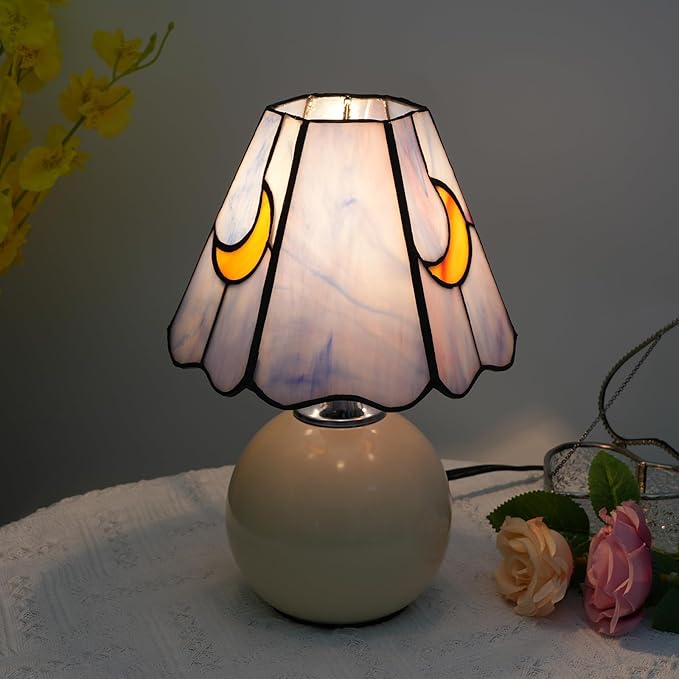 Mushroom Lamp Tiffany Stained Glass Moon lamp Cute Small Bedside Table Lamps for Living Room Home Decor,Girls Women Birthday Christmas Thanksgiving Day Gift,Pink Blue