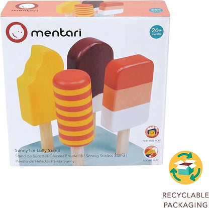 Mentari Toys - Sunny Ice Lolly Stand - 5pc Wood Ice Lolly Popsicle Play Food Set with Base - Pretend Play Food Accessories - Encourage Role Play and Develop Social Skills - Gift for Toddlers - Age 2+