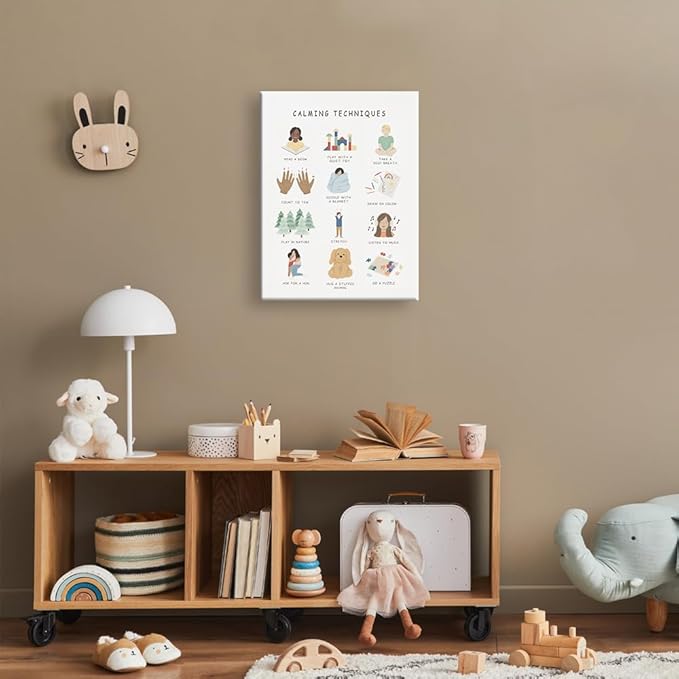 uoyien Calming Corner Classroom Mental health Poster Feelings Calming Techniques Canvas Wall Art Boho Emotions Chart for Kids Prints Special Education Wall Decor for School 16x22in Wood Framed