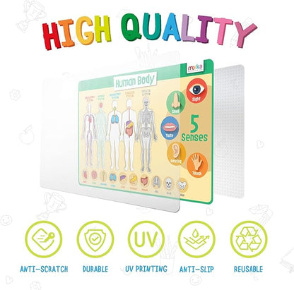 Merka Kids Educational Placemat Set 4-Pack - 17 x 11 in Multicolor Silicone - Washable & Reusable with Secure Grip Backing - Map Placemats for Kids, Solar System, Human Body, World & US Map