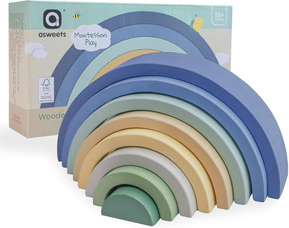Asweets Wooden Stackable Rainbow Toy, 8 PCS Wooden Building Blocks Set for 1 2 3 Baby, Kids and Toddlers, Montessori Rainbow Nesting Puzzle, Best for 18M+, Cognitive Development (Blue)