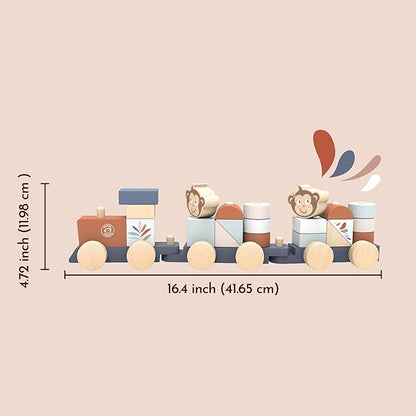 Speedy Monkey Wooden Pull-Along Train Stacker – Soft Colors, Monkey Character, Stacking Blocks, Build Houses | Non-Toxic Paint, Creative Fun, Ideal for Kids, Educational Toy for Toddlers