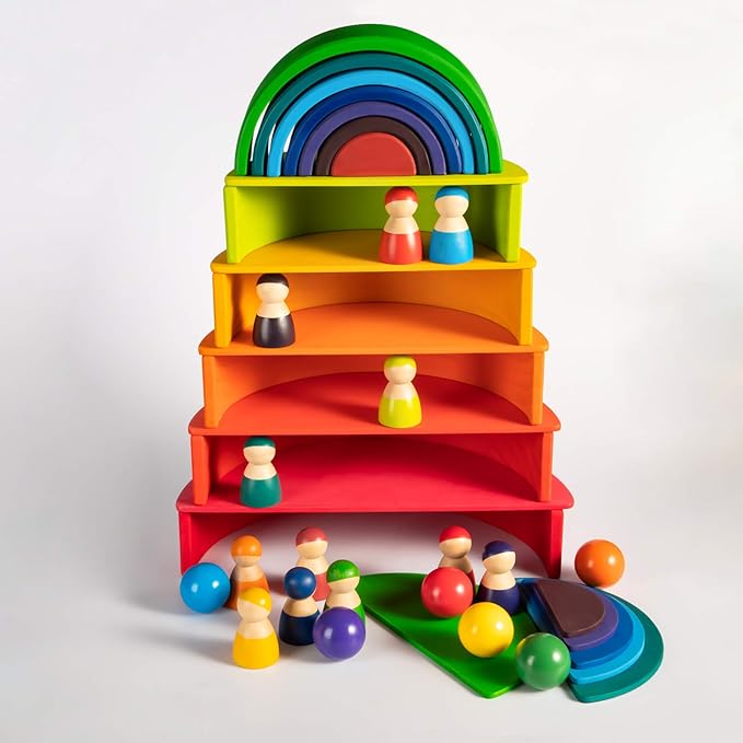 Wooden Rainbow Rectangle Stacker Toys, Rainbow Building Blocks Board Set for Kids, 11Pcs Rectangle Stacking Puzzle, Learning Creative Thinking Toys