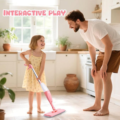 Kids Spray Mop, Pink Mini Mop Set with 2 Microfiber Washable Pads and 10 Disposable Dry Dusting Cloths, Dust Mop for Floor Cleaning, Small Mop for Toddlers Gift