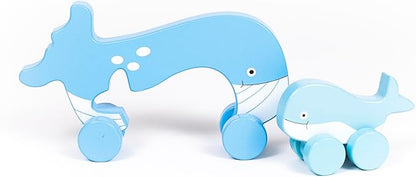 Big & Little Whale Push Toy by Jack Rabbit Creations- 2 in 1 Wooden Roller Animals- STEM Toys for Toddlers Develops Coordination- Ages 18 Months+