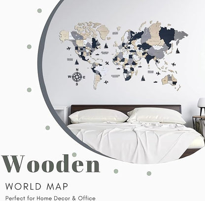 Wooden World Map 3D Art Large Wall Decor - Size (M, L, XL) Any Occasion Gift Idea - Wall Art For Home, Kitchen or Office