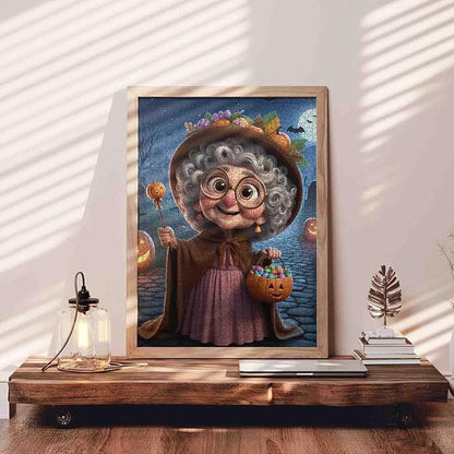 Halloween Grandma Holding Pumpkin Candy Bucket 1000 Piece Jigsaw Puzzle for Adults Students 20×27 Inches Full Moon Bats and Lanterns Cozy Fall Puzzles for Home Display and Gift Giving