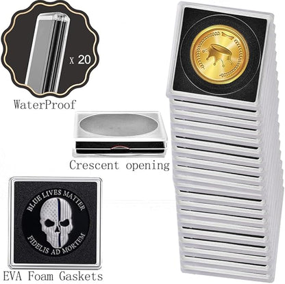 Coin Capsule Coin Snap Holder 2 x 2 Inch Half Dollar Coin Holder, Coin Cases for Collectors Coin Sleeves Collectors for Coin Collection Supplies (Black Foam Gasket, 40)