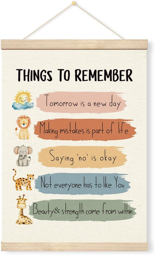 Geondos Inspirational Canvas Hanging Banner - Things to Remember, Motivational Quotes Posters for Kids Girls Boys, Uplifting Encouragement Gift, Safari Animal Wall Decor for Playroom Kids Bedroom