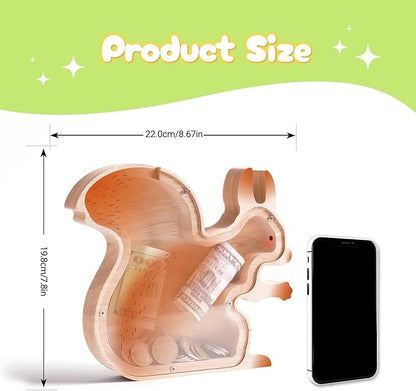 Wooden Squirrel Piggy Banks for Boys, Cute Unbreakable Money Coin Bank Jar, Safe Money Box, Transparent Saving Jar, Birthday Anniversary Baptism Gifts for Boys Toddler Squirrel Lovers