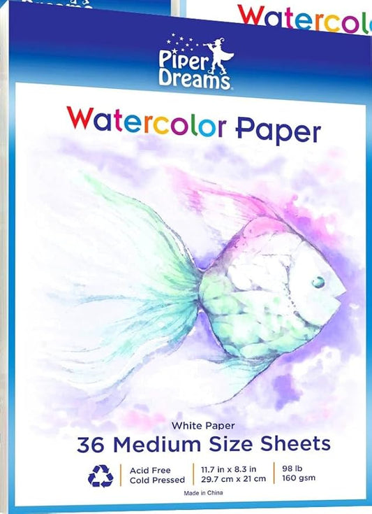 1 Pack - Total of 36 Sheets of Watercolor Paper (11.7" x 8.3") - Heavy Stock (98lb), Loose White Sheets. Perfect for Kids, Students & Adults
