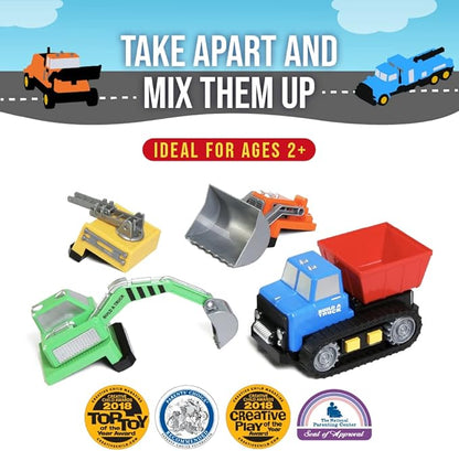 Popular Playthings Magnetic Build-a-Truck Construction Set of 4 Construction Vehicles with Real Construction Site Sounds
