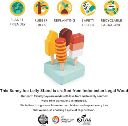 Mentari Toys - Sunny Ice Lolly Stand - 5pc Wood Ice Lolly Popsicle Play Food Set with Base - Pretend Play Food Accessories - Encourage Role Play and Develop Social Skills - Gift for Toddlers - Age 2+