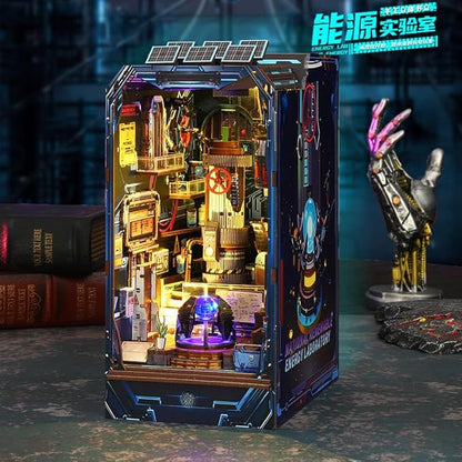 DIY Book Nook Kit - DIY Miniature Dollhouse Kit with Music Movement, Furniture and LED Lights, 3D Puzzle Wooden Art Bookends, Adult Building Model Kit (Energy Lab)