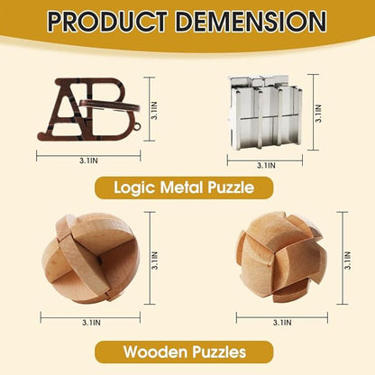 8PCS Brain Teaser Puzzles for Adults, Mind Puzzle Ancient Wooden and Metal Puzzles 3D Unlock Interlock IQ Education Puzzle Box Game for Adults